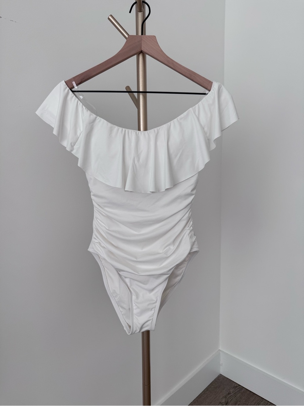 White Off-Shoulder Ruffle One-Piece Swimsuit